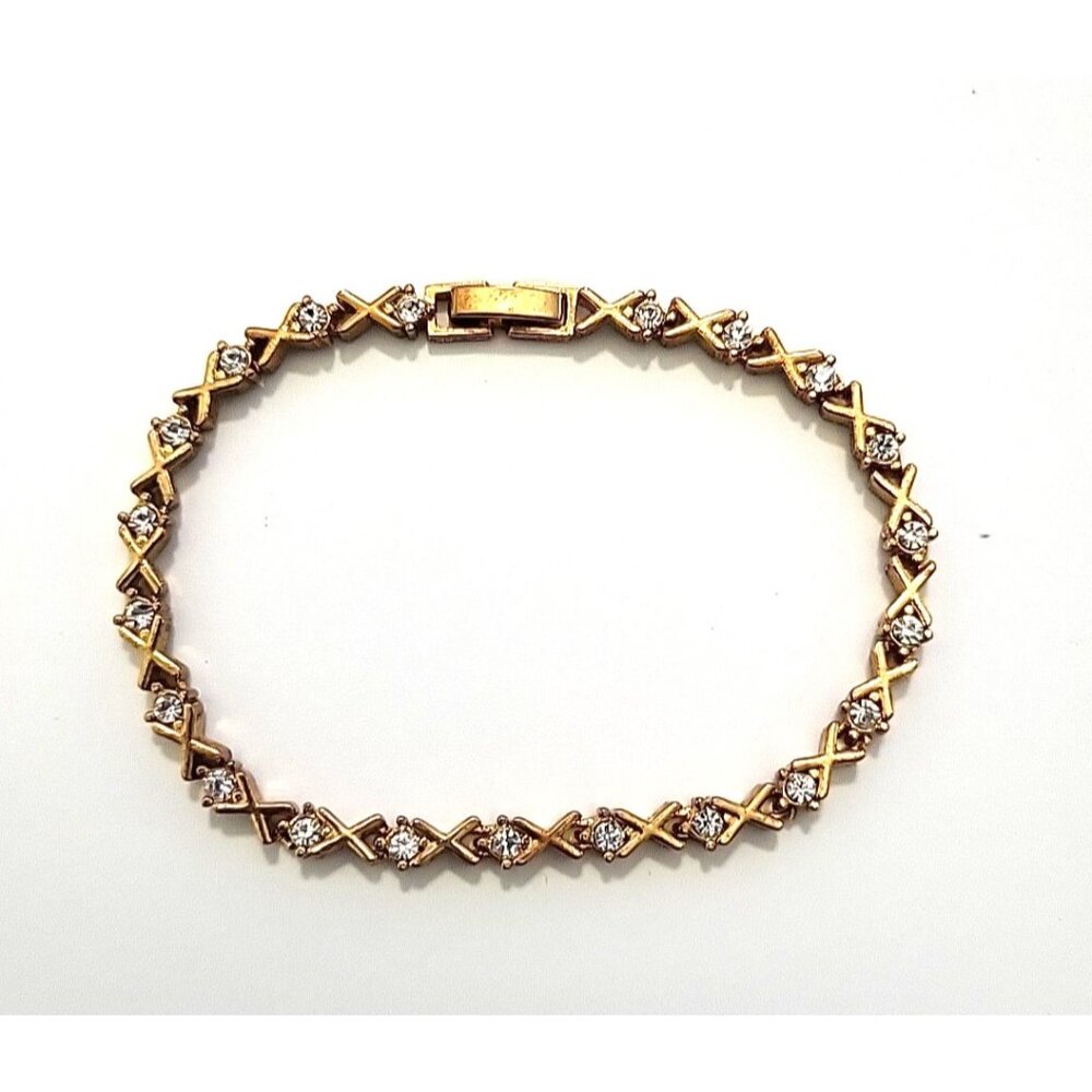 VTG X&O Gold Tone X's and Clear Rhinestones Prong Set O's Chain Bracelet 7.5"